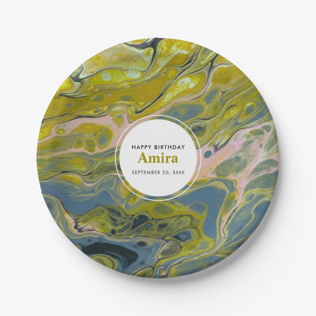 Artistic Boho Lime Green & Blue Marble Birthday Paper Plates (Front)