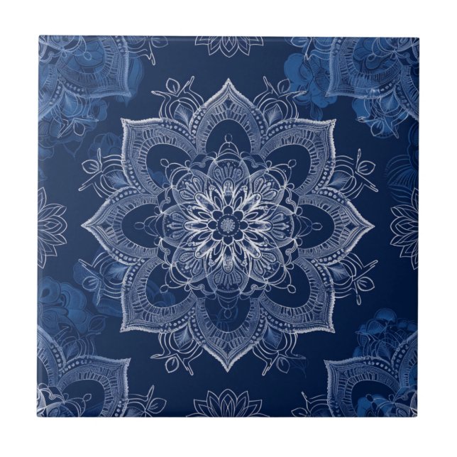 Artistic Boho Navy Blue Mandala  Ceramic Tile (Front)