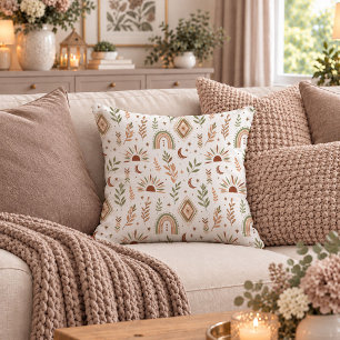 Artistic Boho Rainbows Floral Sage Beige Pillow