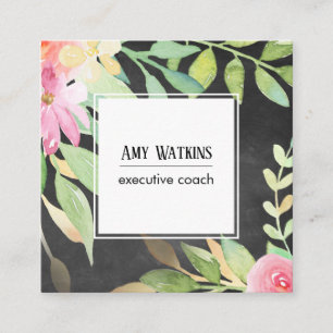 Artistic Boho Watercolor Flowers Chalkboard Back Square Business Card