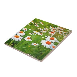 Artistic Bright and Colorful White Garden Daisies Ceramic Tile