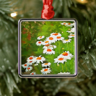 Artistic Bright and Colorful White Garden Daisies Metal Ornament