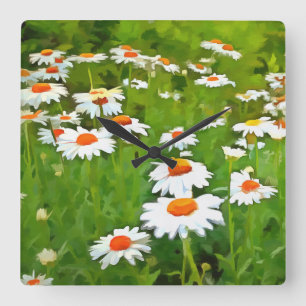 Artistic Bright and Colorful White Garden Daisies Square Wall Clock