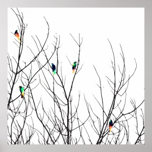Artistic Bright Birds on Tree Branches Poster
