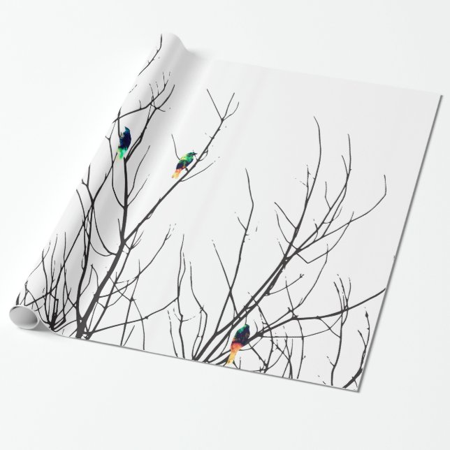 Artistic Bright Birds on Tree Branches Wrapping Paper (Unrolled)