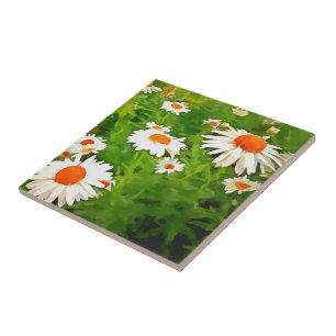 Artistic Bright Colorful White Garden Daisies v4b Ceramic Tile