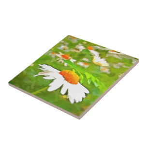 Artistic Bright Colorful White Garden Daisies v5 Ceramic Tile
