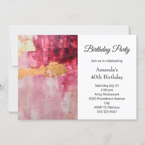 Artistic Brush Strokes Gold and Pink Birthday Invitation