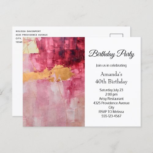 Artistic Brush Strokes Gold and Pink Birthday Invitation Postcard