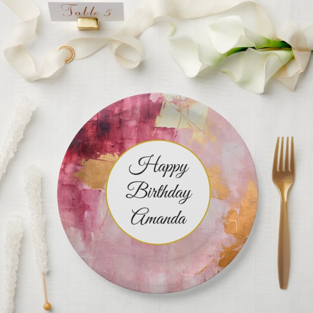 Artistic Brush Strokes Gold and Pink Birthday Paper Plates (Wedding)