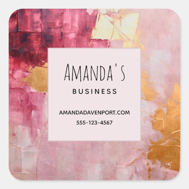 Artistic Brush Strokes Gold and Pink Business Square Sticker (Front)