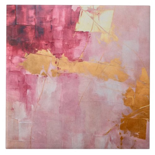 Artistic Brush Strokes Gold and Pink Ceramic Tile