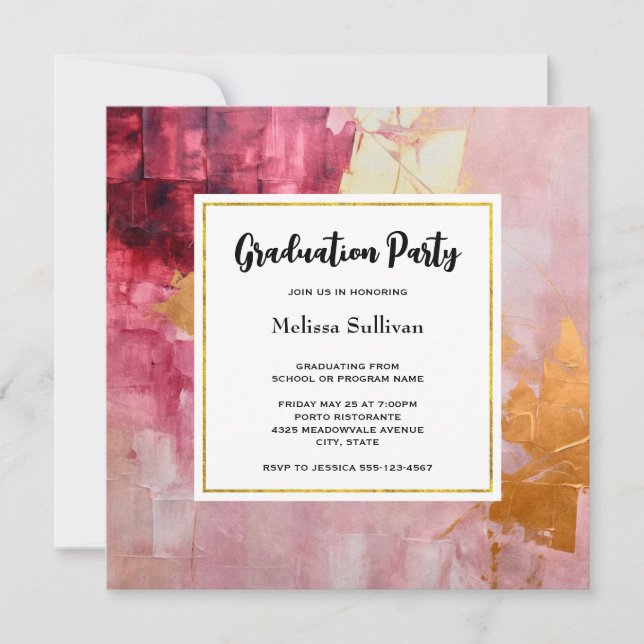 Artistic Brush Strokes Gold and Pink Graduation Invitation (Front)