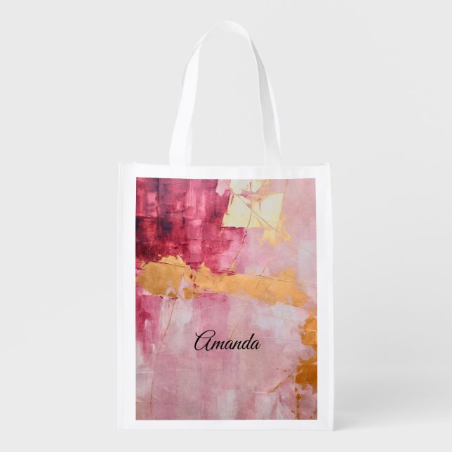 Artistic Brush Strokes Gold and Pink Grocery Bag (Front)