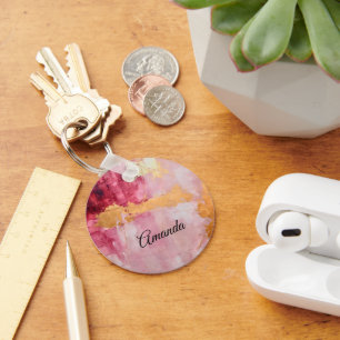 Artistic Brush Strokes Gold and Pink Keychain