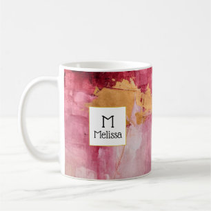 Artistic Brush Strokes Gold and Pink Monogram Coffee Mug