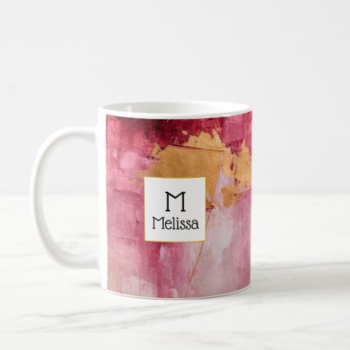  Artistic Brush Strokes Gold and Pink Monogram Coffee Mug