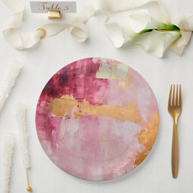 Artistic Brush Strokes Gold and Pink Paper Plates (Wedding)