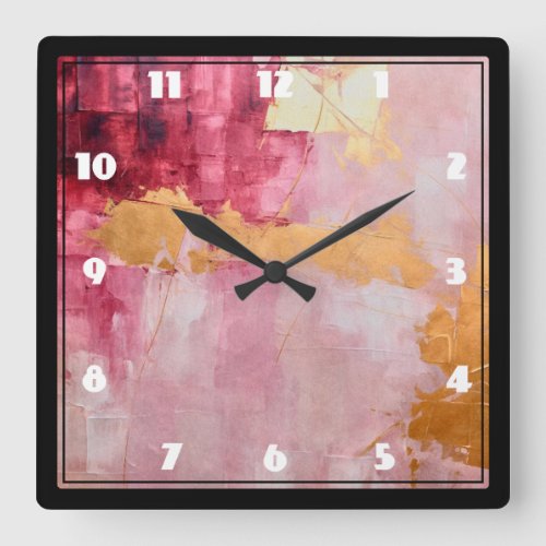 Artistic Brush Strokes Gold and Pink Square Wall Clock