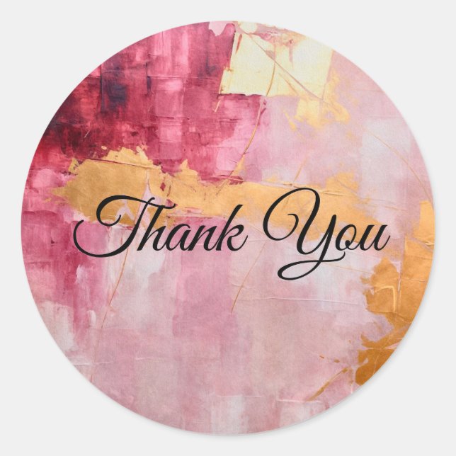 Artistic Brush Strokes Gold and Pink Thank You Classic Round Sticker (Front)