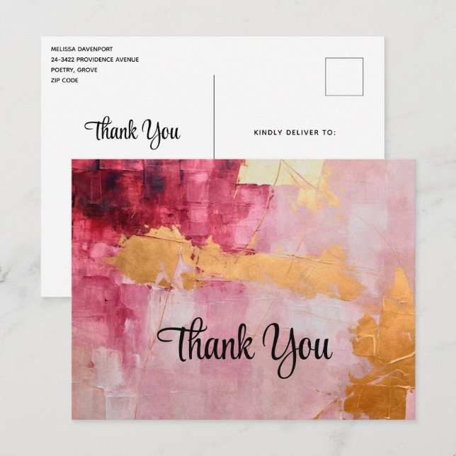 Artistic Brush Strokes Gold and Pink Thank You Postcard (Front/Back)