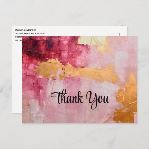 Artistic Brush Strokes Gold and Pink Thank You Postcard