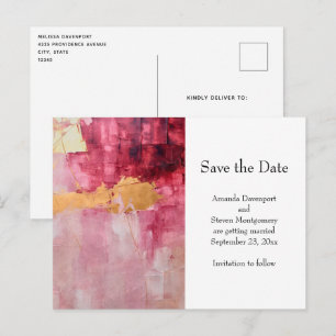 Artistic Brush Strokes Gold and Pink Wedding Announcement Postcard