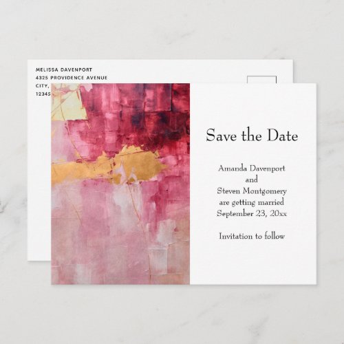 Artistic Brush Strokes Gold and Pink Wedding Announcement Postcard