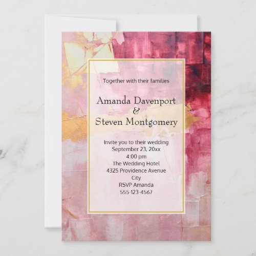 Artistic Brush Strokes Gold and Pink Wedding Invitation