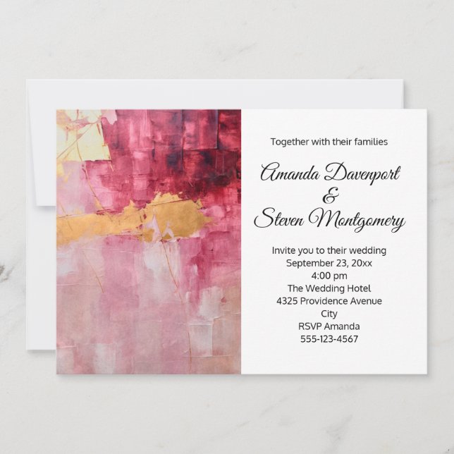 Artistic Brush Strokes Gold and Pink Wedding Invitation (Front)