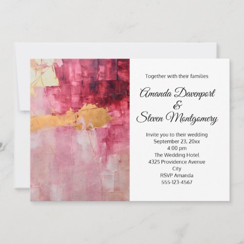 Artistic Brush Strokes Gold and Pink Wedding Invitation