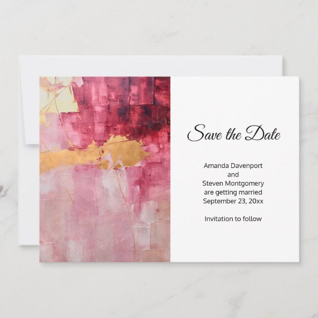 Artistic Brush Strokes Gold and Pink Wedding Save The Date (Front)