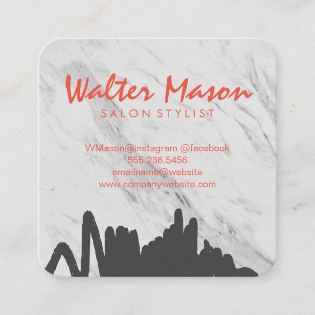Artistic Brushed Gray Scribble Marble Square Business Card (Front)