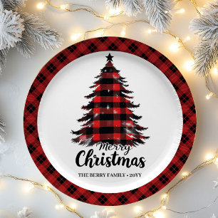 Artistic Buffalo Plaid Tree Name Christmas Paper  Plates