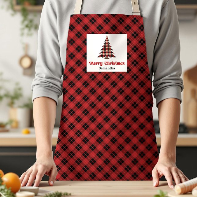 Artistic Buffalo Plaid Tree Personalized Xmas   Apron (Artistic Buffalo Plaid Tree Personalized Xmas Kitchen Apron)