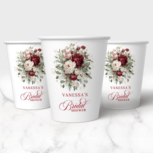 Artistic Burgundy Floral Bridal Shower Paper Cups