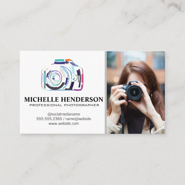 Artistic Camera Logo | Woman Holding Camera Business Card (Front)