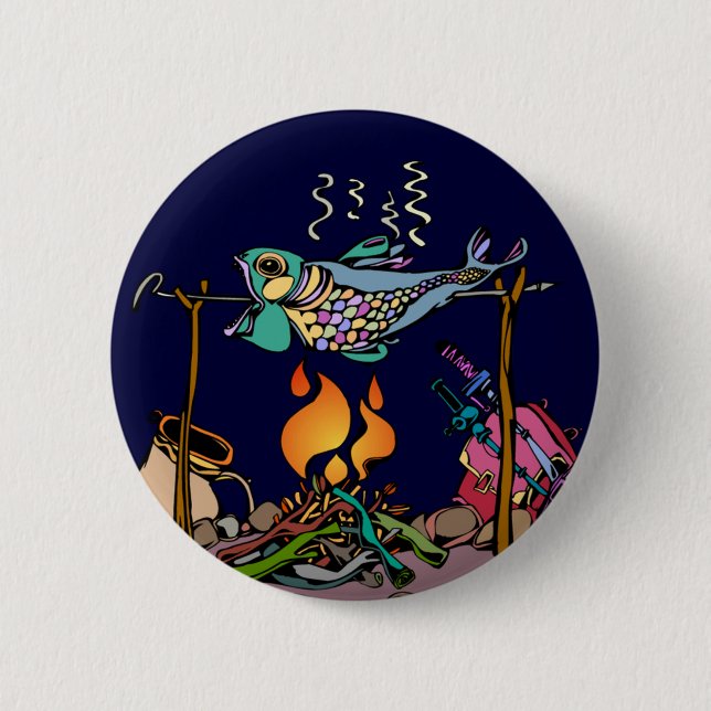Artistic Campfire Fish Pinback Button (Front)