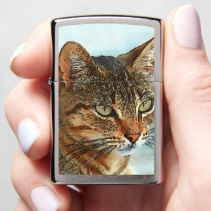 Artistic Cartoon Style Black Outline Tabby Cat Zippo Lighter