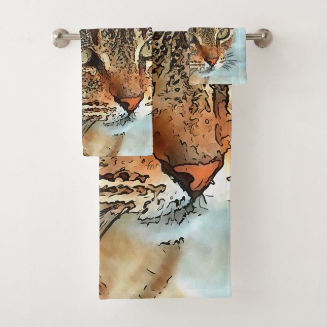 Artistic Cartoon Style Tabby Cat RB Bath Towel Set (Insitu)