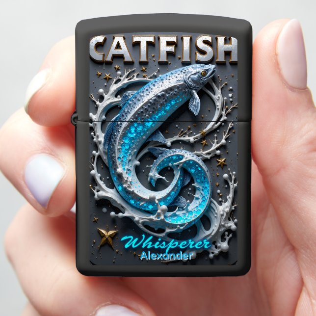 Artistic Catfish Personalized Starry River Zippo Lighter (In Hand)