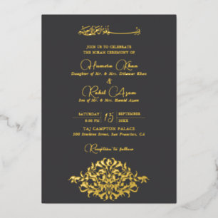 Artistic Charcoal Gold Floral Paisley Muslim Weddi Foil Invitation
