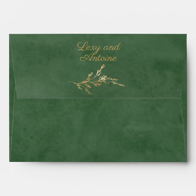 Artistic Chic Moss Green Watercolor Gold Splatters Envelope (Back (Top Flap))