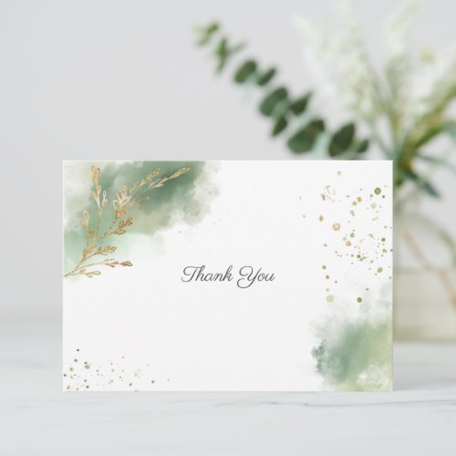 Artistic Chic Moss Green Watercolor Gold Wedding  Thank You Card