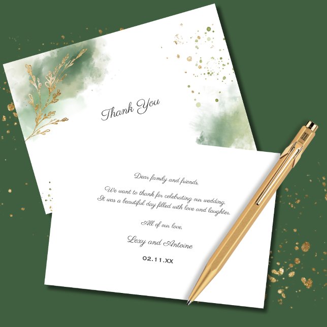 Artistic Chic Moss Green Watercolor Gold Wedding  Thank You Card (Creator Uploaded)