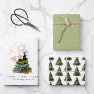 Artistic Christmas Tree Watercolor Merry Jolly Wrapping Paper Sheets