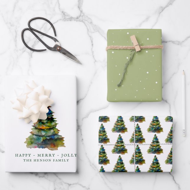 Artistic Christmas Tree Watercolor Merry Jolly Wrapping Paper Sheets (Front)