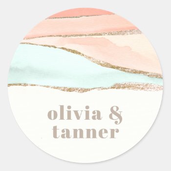 Artistic Coastal Watercolor Abstract Wedding Classic Round Sticker by Oasis_Landing at Zazzle