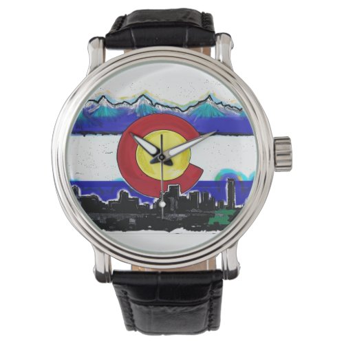 Artistic Colorado flag Denver skyline wrist watch