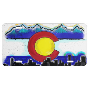 Artistic Colorado flag skyline license plate cover